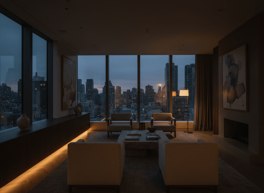 Cinematic, moody architectural interior photograph of a sophisticated modern New York apartment at dusk. Dramatic low lighting, deep shadows, warm pools of light, floor-to-ceiling windows overlooking a dark city skyline. Minimalist luxury interior with stone, wood, and linen textures. Editorial, high-end design magazine aesthetic, quiet luxury, dark and atmospheric, shot on medium format, shallow depth of field.